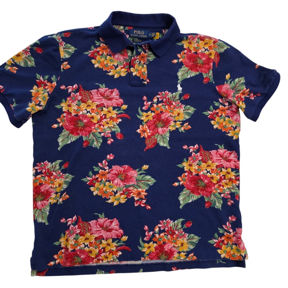 Polo Ralph Lauren Mens Polo Shirt Navy Blue Floral Tropical Print Medium - Picture 2 of 7